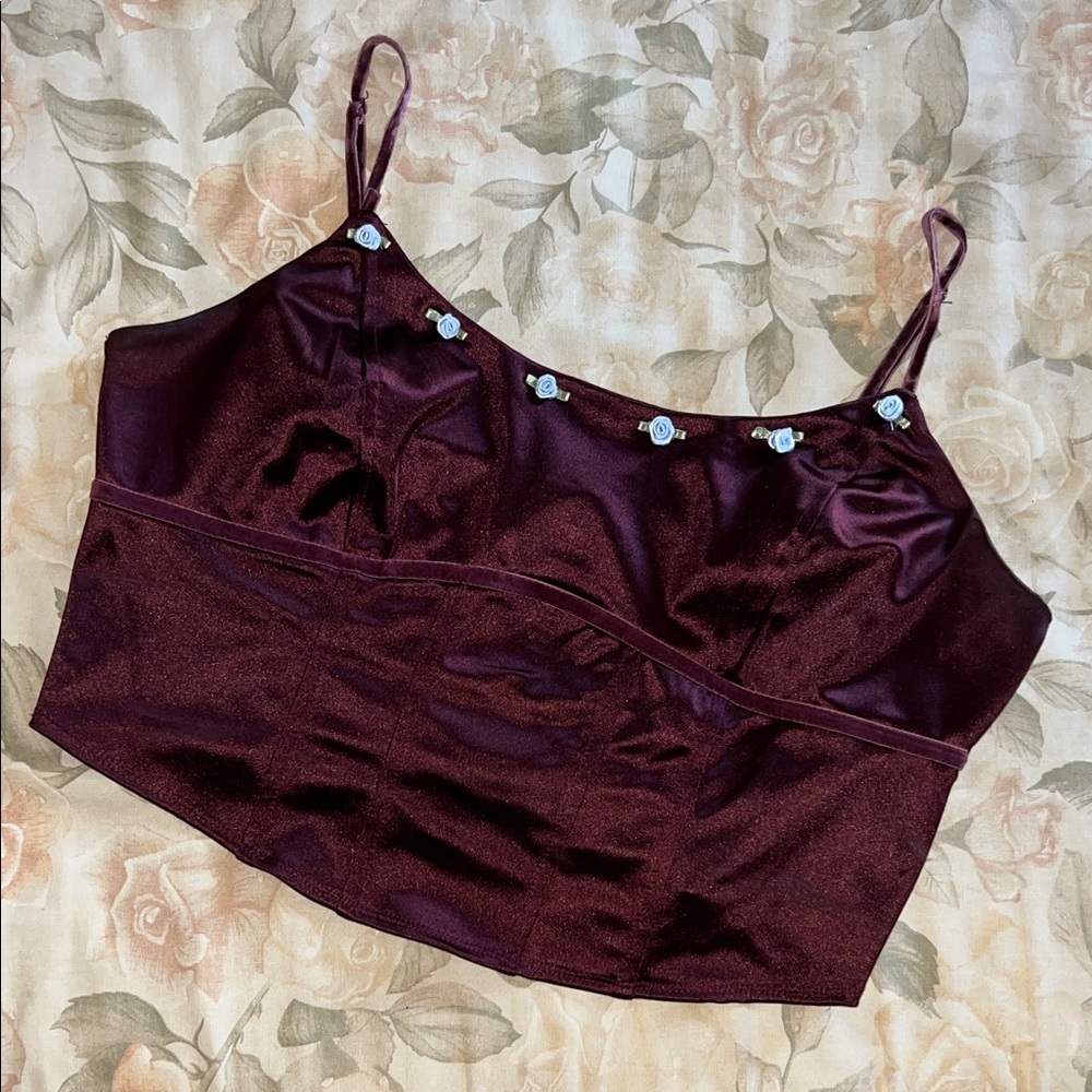 Satin Burgundy Crop Top with Floral Accents